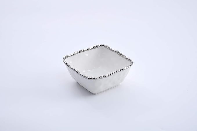 Pampa Bay Set The Table Square Cereal/Soup Bowl, 6 × 6 × 2.75 in, White and Silver