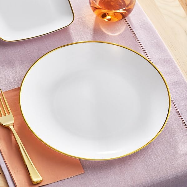 Coupe Dynasty White Plastic Dinner Plates with Gold Band, 10 Inch Round, 120 Count, Disposable, BPA Free, for Events and Weddings