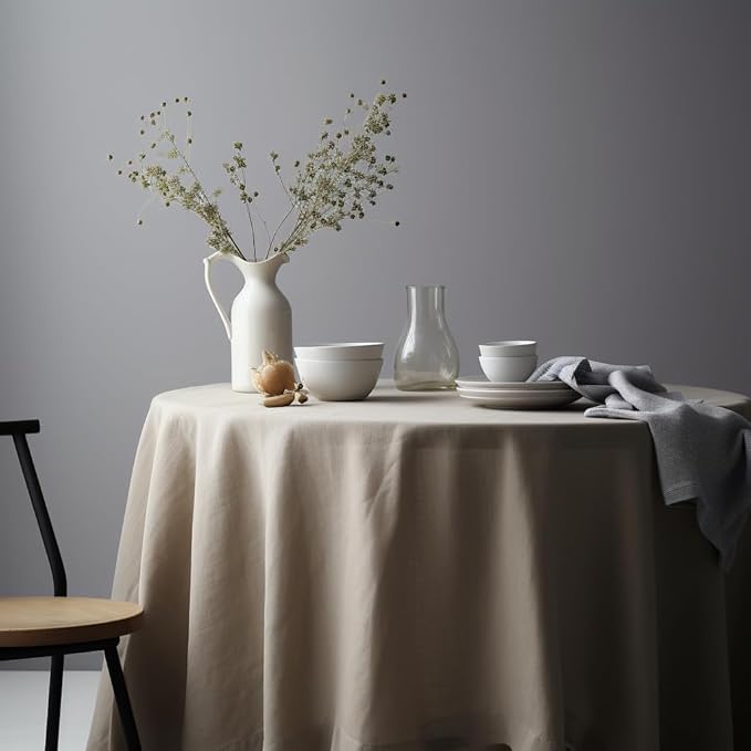 EVERLY 100% Pure Linen Round Tablecloths 60Inches for Dining,Buffet Parties,Picnic,Events,Weddings and Restaurants,Decorative Halloween,Thanksgiving Machine Washable Tablecloths-Natural Linen