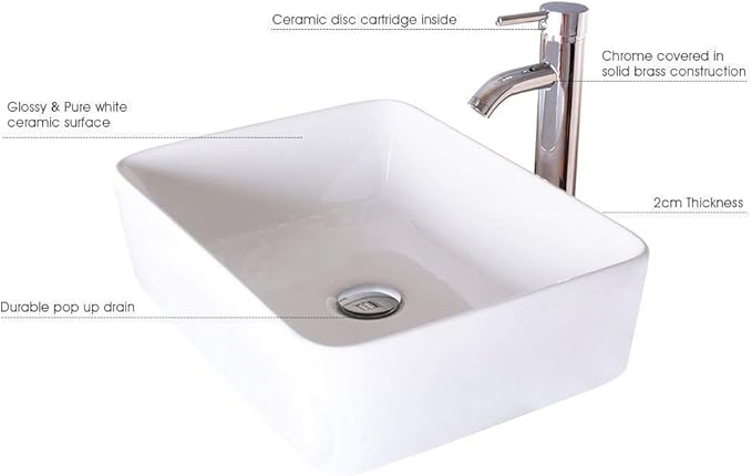 eclife Bathroom Ceramic Sink Bowl Classic White Rectangle Porcelain Vessel Sink and Faucet Combo for Bathroom Countertop Bowl Sink & Chrome Pop Up Drain (T03)