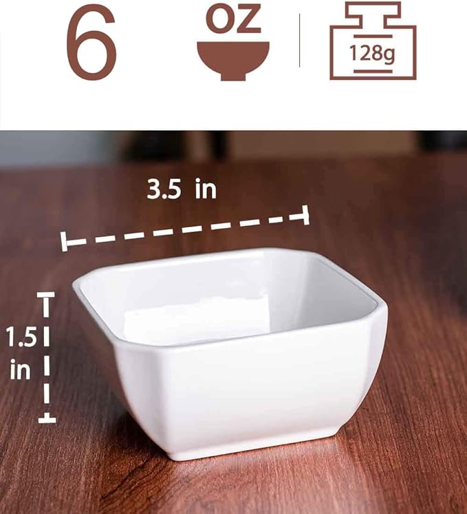 Delling 6 Oz Ramekins, Square Souffle Dish for Pudding, Creme Brulee, Dessert, Snack, Bakeware Cups Set for Baking and Dip Sauce, Oven Safe, Set of 6
