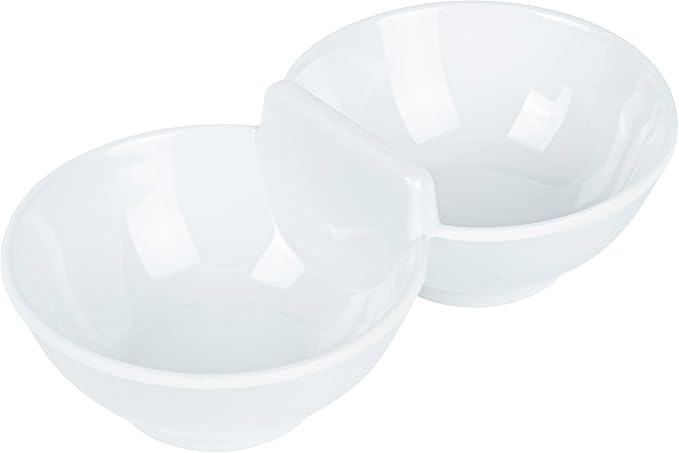 Restaurantware Voga 8.5 Ounce Divided Serving Dishes 10 Round Condiment Serving Dishes - 2 Compartments Serve Appetizers Snacks Dips Or Dressings White Melamine 2 Compartment Dishes