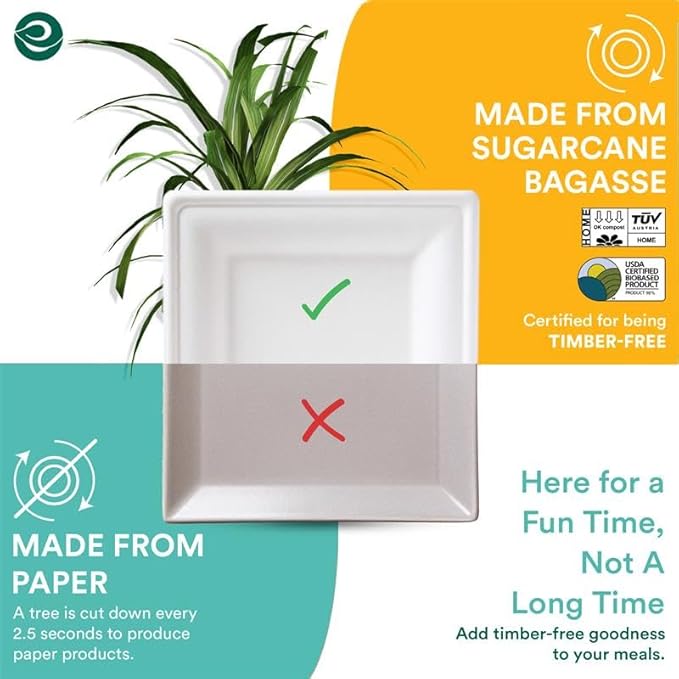 ECO SOUL Compostable Square Paper Plates 6 Inch (400 Count) Small Plates for Dessert, Heavy Duty, Eco-Friendly Sugarcane Bagasse For Appetizer- White