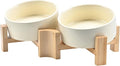 SPUNKYJUNKY 15° Slanted Ceramic Dog and Cat Bowl with Wooden Stand, Tilted Bulldog Food and Water Bowl No Slip Non-Spill for Cats Medium Dogs Big Face Pets 13.5 OZ (1.7 Cups, Beige × 2)
