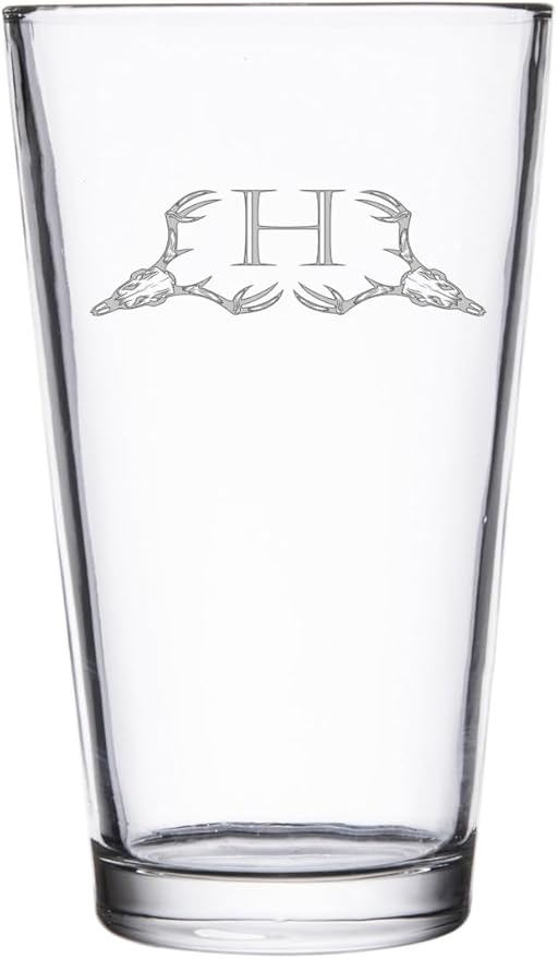 Hat Shark Deer Skull Letter Monogram Pint Beer Glass, 16 oz, Clear, A-Z Initials (1, Letter H)