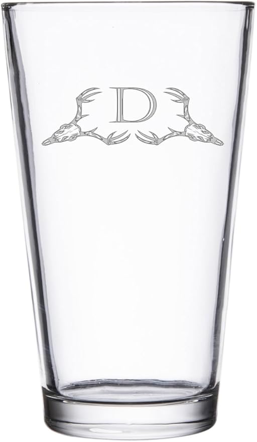 Hat Shark Deer Skull Letter Monogram Pint Beer Glass, 16 oz, Clear, A-Z Initials (1, Letter D)