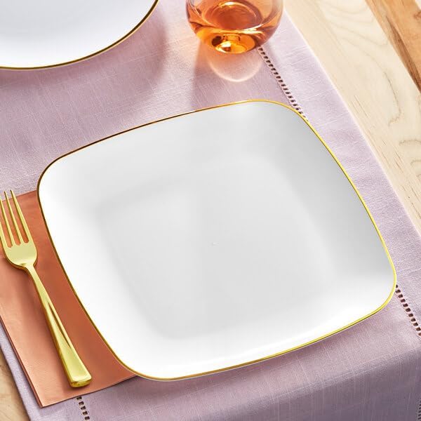 Coupe Dynasty Square Plastic Plates, White with Gold Band, 10 Inch, BPA Free, Disposable, 10 Count, for Events and Weddings