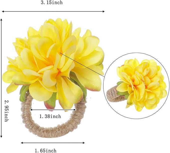 Flower Napkin Rings Set of 6,Rustic Rose Napkin Rings Flower Dinner Napkin Holder for Table Decoration (34#Yellow)