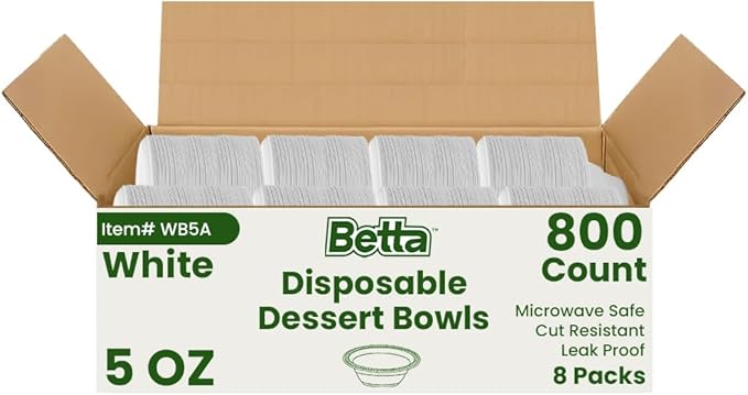 Betta 5 Oz Disposable Plastic Small Dessert Bowls, White, 800 Count, Bulk Case for Schools, Breakrooms and Cafeteria, Microwave Safe (8 Pack Per Box x100)