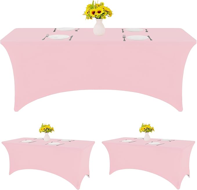HAISIWLKJ 3 Pack Table Cloth 8ft Pink Tablecloths for Rectangle Folding Table Spandex Fitted Stretch Cover Wrinkle Resistant Washable Protector for Party, Wedding, Banquet, Festival.