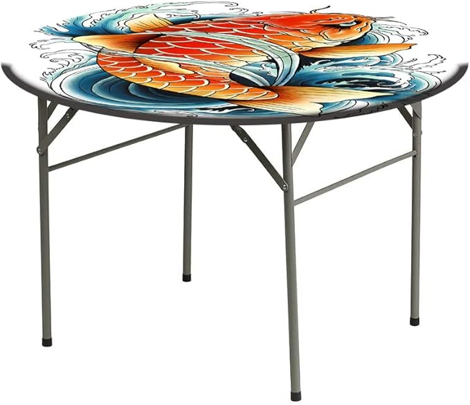 Polyester Tablecloth, Koi Fish Waterproof Oil-Proof PVC Table Cloth, Tattoo Style Japanese Wave, Fit Round Tables 28inch Diameter, Holiday Party Home Kitchen Dining Table Decoration, Multicolor