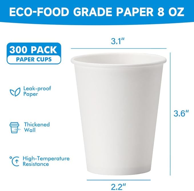 RACETOP 8 oz 300 Pack Disposable Paper Coffee Cups, Disposable Paper Cups, Hot Coffee Cups for Office, Party, Home