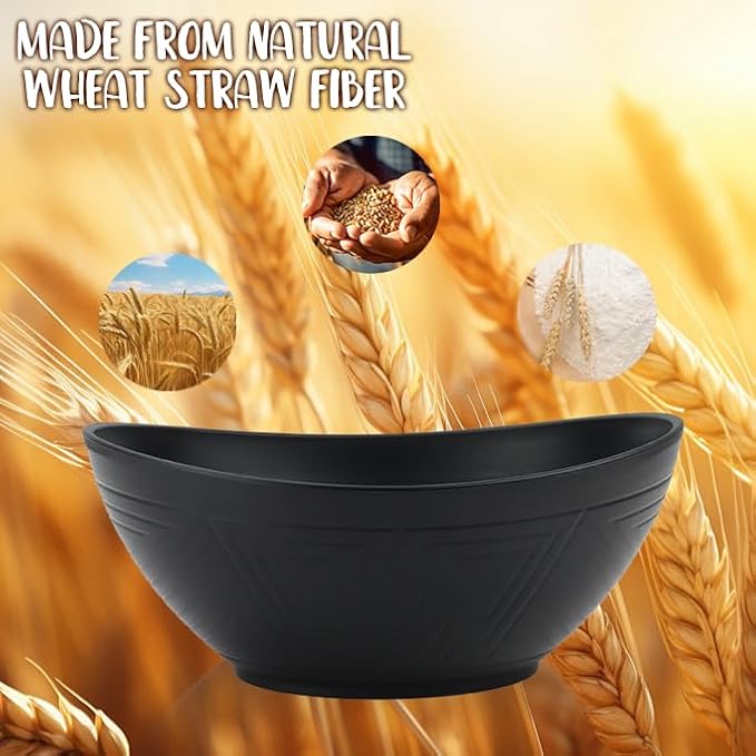 Wrova Big Wheat Straw Bowls,Large Salad Bowls Set of 2,Dishwasher and Microware Safe Plastic Bowls Reusable,Eating bowls for Cereal,Salad,Fruit,Snack. Black