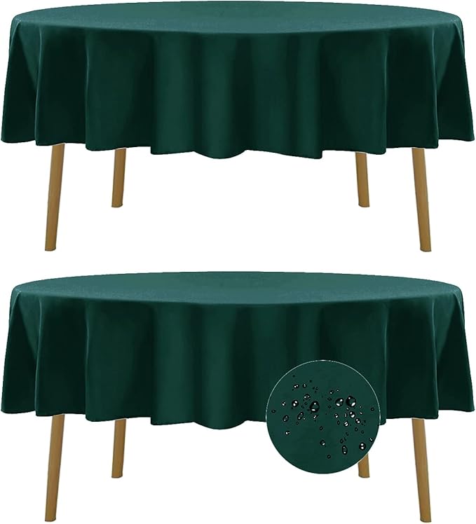 Fokitut 2 Pack Waterproof Round Tablecloth, 90 Inch, Stain Resistant and Wrinkle Polyester Table Cloth, Fabric Table Cover for Kitchen Dining, Wedding, Party, Holiday Dinner-Hunter