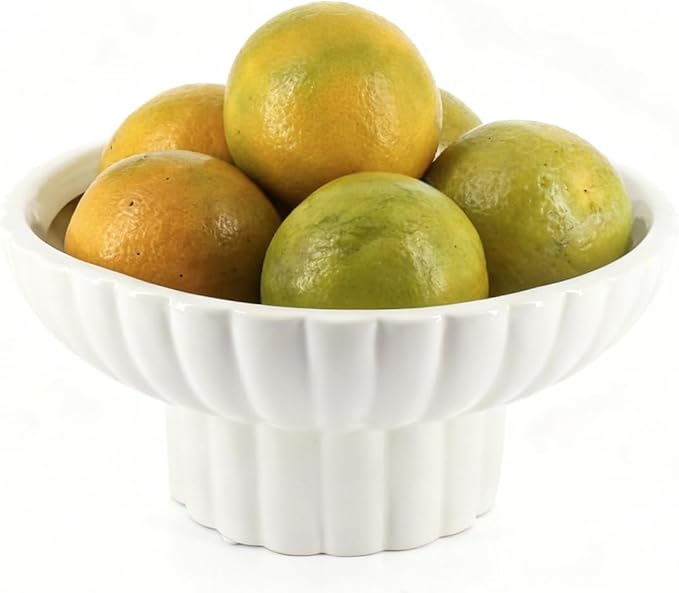 Handmade Glossy Ceramic Decorative Footed Bowl, 8 Inch Small Modern Pedestal Bowl,Fluted Decorative Bowl for Coffee Table,Key Bowl for Entryway Table,Ceramic Catch All Bowl for Home Decor