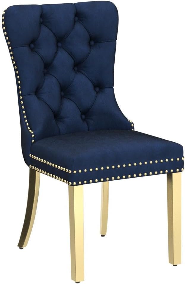 KCC Velvet Dining Chairs Set of 2, Upholstered High-end Tufted Dining Chair with Nailhead Back Ring Pull Trim Stainless Steel Legs, Contemporary Nikki Collection Modern Style for Kitchen, Blue