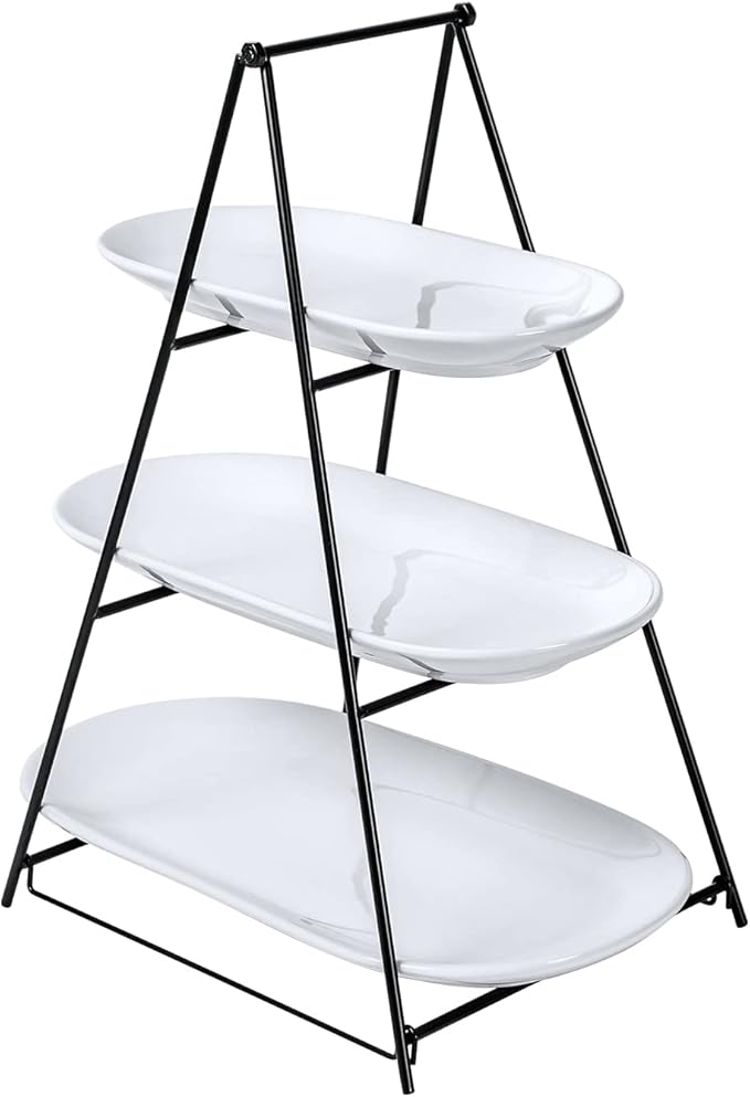 UNICASA 3 Tier Serving Tray for Parties – White Oval Porcelain Serving Platters and Trays with Collapsible Metal Stand – Tiered Dessert Stand for Cake, Snacks, Appetizers, Fruits, Chips & Dips