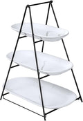 UNICASA 3 Tier Serving Tray for Parties – White Oval Porcelain Serving Platters and Trays with Collapsible Metal Stand – Tiered Dessert Stand for Cake, Snacks, Appetizers, Fruits, Chips & Dips