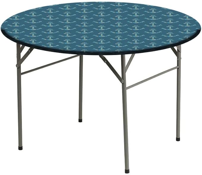Elastic Tablecloth, Nautical Decorative Fabric Table Cover for, Anchors Maritime Theme Decor, Fit Round Tables 35inch Diameter, for Indoor Outdoor Fits, Petrol Blue Beige