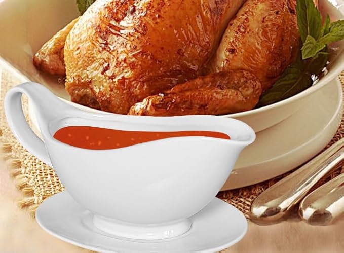 Gravy Boat with Saucer - 20oz Fine Porcelain Sauce & Salad Dressing Boat (White) Suitable for microwave ovens and dishwashers