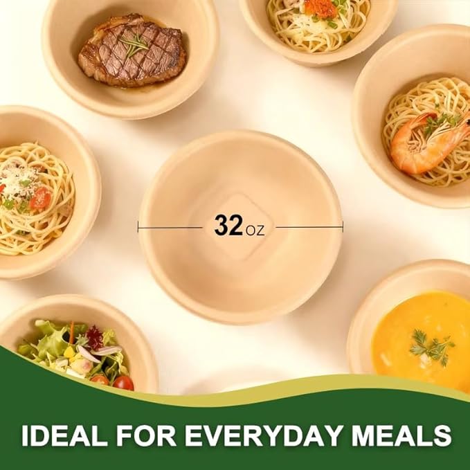 Disposable Bowls, 32 oz,100pack,bagasse,sugarcane Compostable, Natural Fiber, Round Shape, Bulk Pack