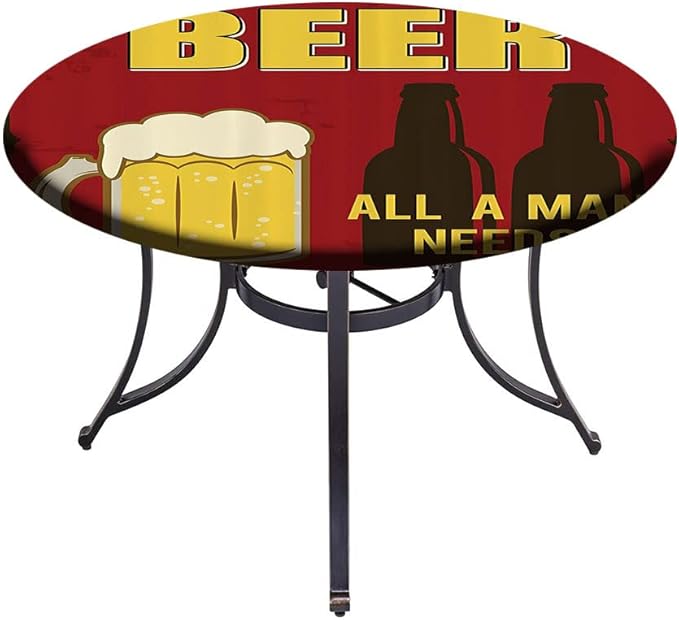 Polyester Tablecloth, Manly Decor Waterproof Oil-Proof PVC Table Cloth, Beer Mug and Two Bottles with Quotes Beer All, Fit Round Tables 28inch Diameter, for Dinner Kitchen Party Decoration