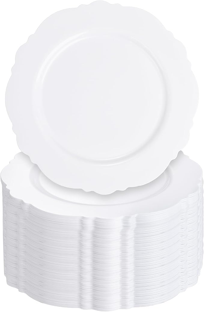 60pcs White Plastic Plates -10.25inch Baroque White Disposable Dinner Plates by WDF