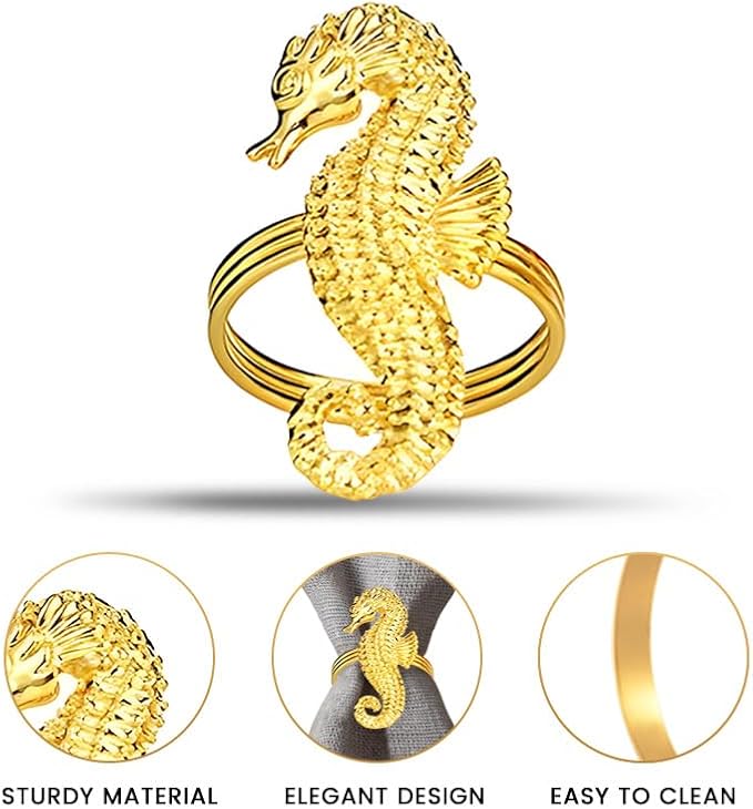 Decozen Set of 4 Gold Napkin Rings in Sea Horse Design, Festive, Table Decor Setting for Holiday, Wedding, Birthday, Kitchen, Home Decor, Housewarming Gift - Mothers Day Decorations
