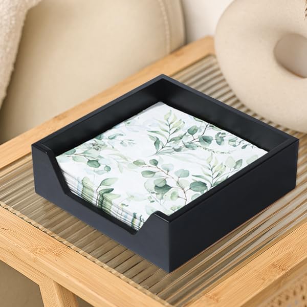 Napkin Holder for Table, 7.36" x 7.36" x 2.16" Wooden Napkin Dispenser with Side Large Opening for Paper Napkins, Modern Style Square Napkin Holder, Home Kitchen Dining Tabletop Decor, Black