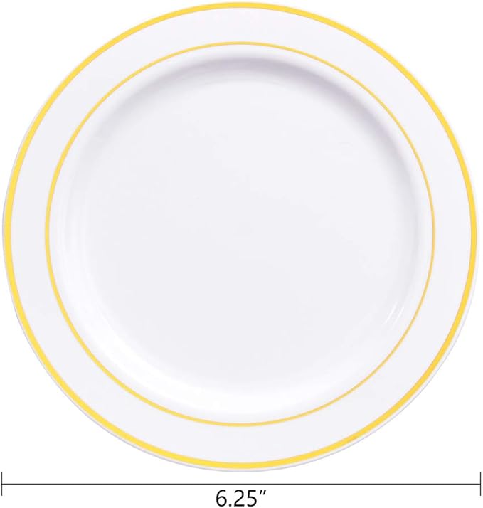 bUCLA 100Pieces Gold Plastic Plates - 6.25inch White with Gold Rim Disposable Salad/Dessert/Appetizer/Small Cake Plates Premium Hard - Ideal for Wedding, Party