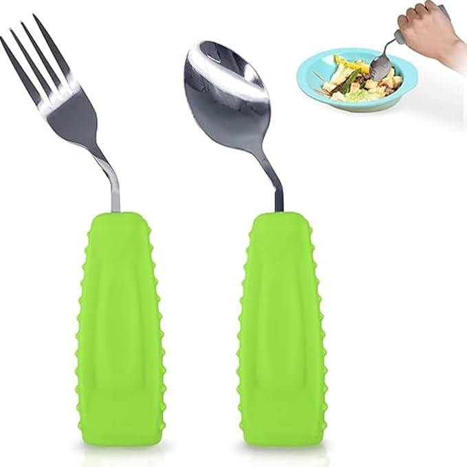 Adaptive Utensils for Hand Tremors,Weighted Utensils with Non-Slip Handle to Easy Grip for Elderly Use (Right Hand 1pc Fork+1 pc Spoon=2 pcs,Green)