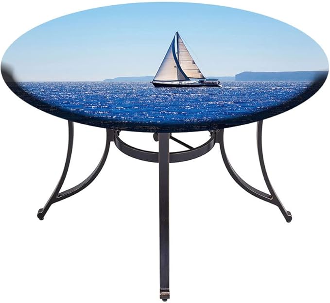 Round Vinyl Fitted Tablecloth, Ocean Print Polyester Table Cloth, Blue Mediterranean Sailboat Sailing in Round Tables 48inch Diameter, for Xmas/Parties/Home, Blue