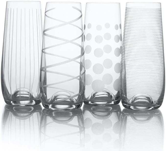 Mikasa Cheers Stemless Flutes, Set of 4-7.5 Oz Crystal Champagne Glasses with Playful Dot, Line & Swirl Designs - Unique Toasting Glassware for Sparkling Wine & Cocktails, Lead-Free