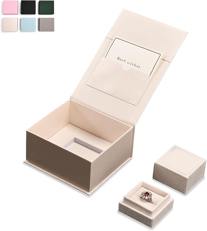 Oirlv Velvet Ring Gift Box with Exquisite Outer Packaging, Wedding Proposal Engagement Ring Box, Birthday Present Gift Box with Blank Greeting Card（White）