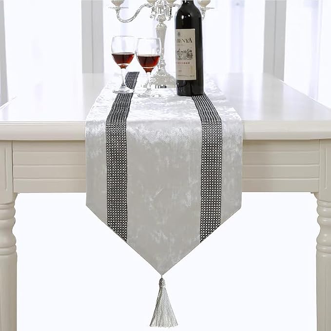 Elegant Bling Rhinestone Creamy White Table Runner, Ombre Velvet, Double-Layer - Image 4