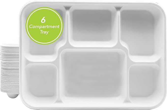 three leaf 6 Compartment Bagasse Tray 100 Ct. Heavy Duty, Super Strong,Eco Friendly Disposable Bagasse Plates,100% Biodegradable Plates, Microwave and Freezer Safe, Ideal for Party, Dinner and Picnic