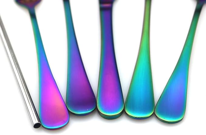 JASHII Modern Royal 5 Pcs Matte Rainbow 18/10 Stainless Steel Utensils Cutlery Dinnerware Set w/Drinking Straw, Knife Fork and Spoon Flatware Set for Wedding Festival Christmas Party Service for 1