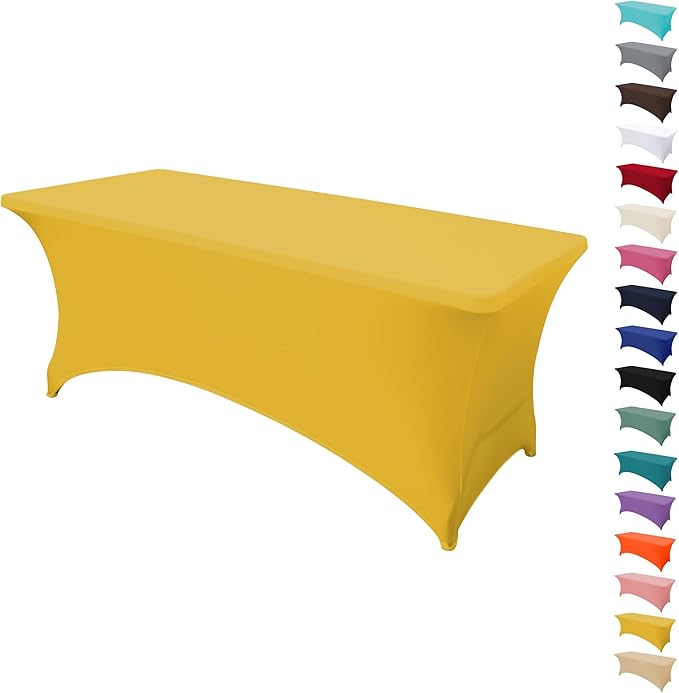 8FT Table Cloth for Rectangular Fitted Events Stretch Yellow Table Covers Washable Spandex Tablecloth Protector for Party, Wedding, Cocktail, Banquet, Festival