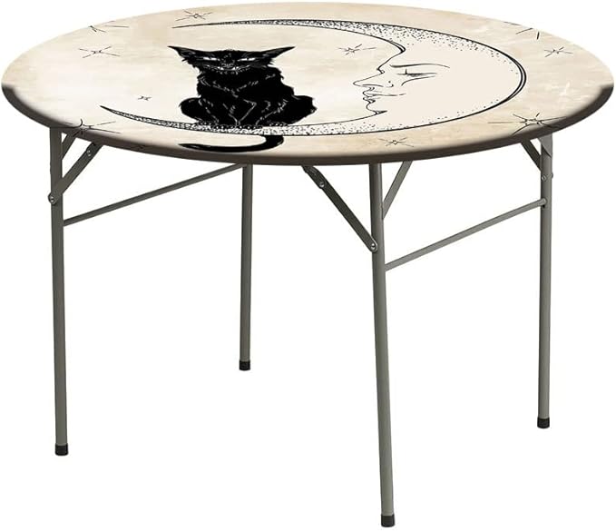Round Vinyl Fitted Tablecloth, Moon Print Polyester Table Cloth, Black Cat Sitting on White Crescent Moon, Fit Round Tables 35inch Diameter, for Dinner Kitchen Party Decoration, Sand Brown Black
