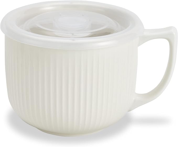 Ceramic Soup Bowl with Handle & Lid, Large 32oz Microwave Ramen Bowl White | by Hoilse