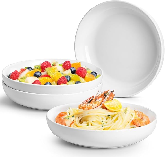 Jassceram Pasta Bowls Set of 4, 50Oz Wide Shallow Ceramic Bowls - 9.84 Inch Serving Bowls for Pasta, Salad, Soup & Cereal, Dishwasher & Microwave Safe White - Christmas Gift