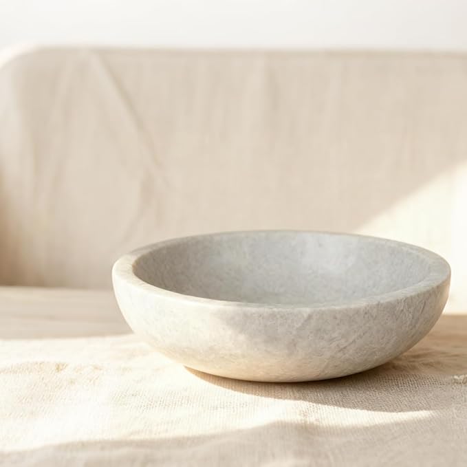 White Travertine Bowl, 7.8" Natural Stone Centerpiece for Minimalist Home Decor, Handmade Spa Style Fruit Bowl, Zen Meditation Bowl, Pure Tabletop Sculpture