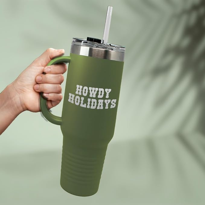 Speedy Pros Tumbler Cups with Straw Howdy Holidays Christmas Xmas Coffee Tumbler with Lid Personalized Insulated Travel Mugs Engraved Stainless-Steel 40 Oz Forest Green Design Only