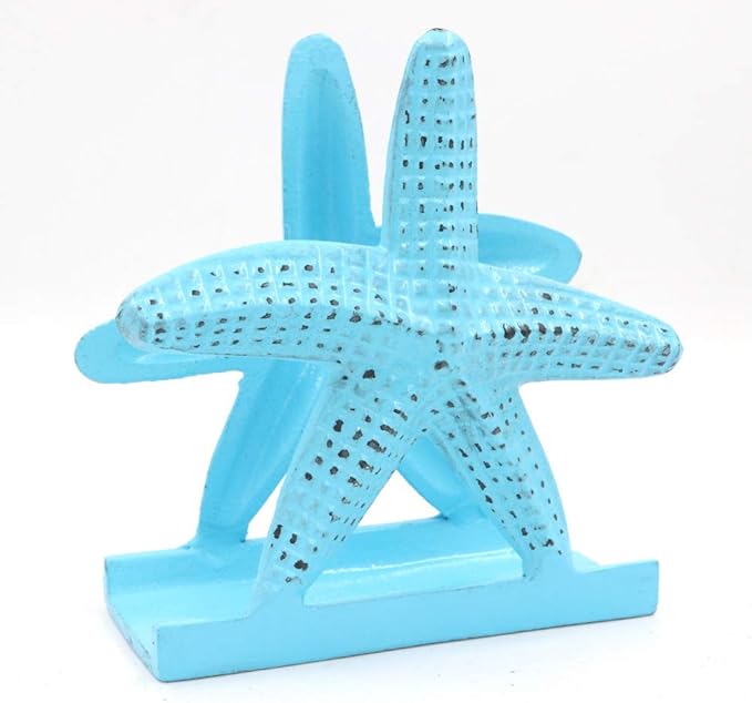 Nautical Starfish Lunch Dinner Metal Napkin Holder Kitchen Beverage Cocktail Ocean Coastal Napkin Holder By The Metal Magician (Distressed Blue)