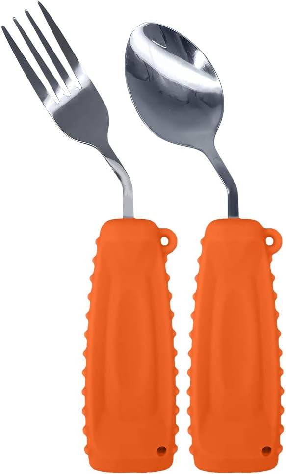 Adaptive Utensils,Curved Angled Spoon and Fork Set,for Tremors Parkinsons Limited or Elderly,Lightweight Cutlery with Non-Slip Easy Grip Handles (Right Hand Spoon and Fork Set,Pack of 2,Orange)