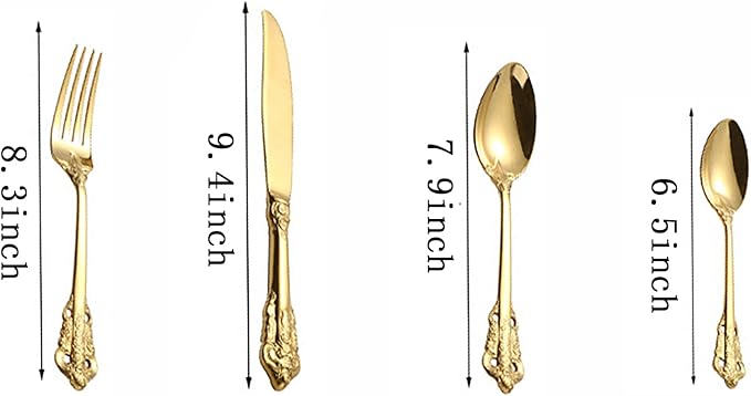 Gold Silverware Set 18/10 Stainless Steel Flatware Sets Palace Style 24 Piece Delicate Cutlery Set for 6 Durable Home Kitchen Wedding Tableware Utensil Include Knifes Teaspoons Forks and Spoons