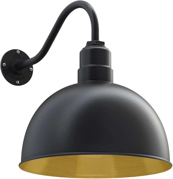Steel Lighting Co. Hollywood Bowl Light | Outdoor Wall Mounted | 15 inch Bowl Dome | 16 inch Gooseneck | Barn Light Made in America | Matte Black Exterior/Brass Interior