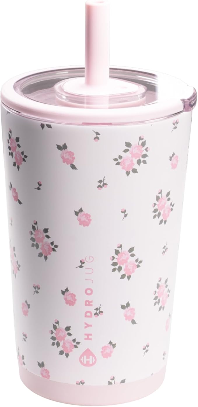 HydroJug Everyday Tumbler 14 oz – Ceramic-Lined Insulated Tumbler with Straw and Soft-Touch Lid, Cup Holder Friendly, Double-Wall Vacuum Insulation, Reusable Travel Cup – Wildrose