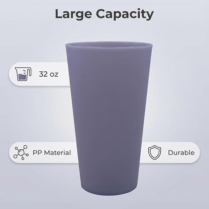 32 oz Plastic Cups Large Reusable set 8, Plastic Tumbler Grey Tone | Food Grade - Image 2