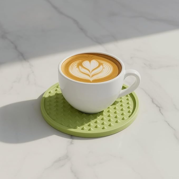 Set of 6 Silicone Coasters, 4'' Drink Coaster with Holder, Round Coasters for Drinks Beer Coffee Home Office Bar Desk Tabletop Protection, Non-Slip Rubber Coaster (Green, 6 Pcs-Plastic Holder)